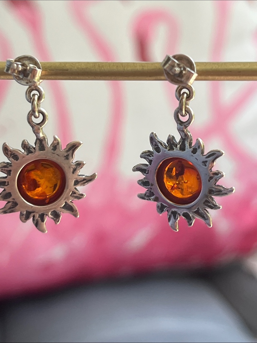 Sterling Silver Amber Sunburst Dangle Earrings - Picture 9 of 13